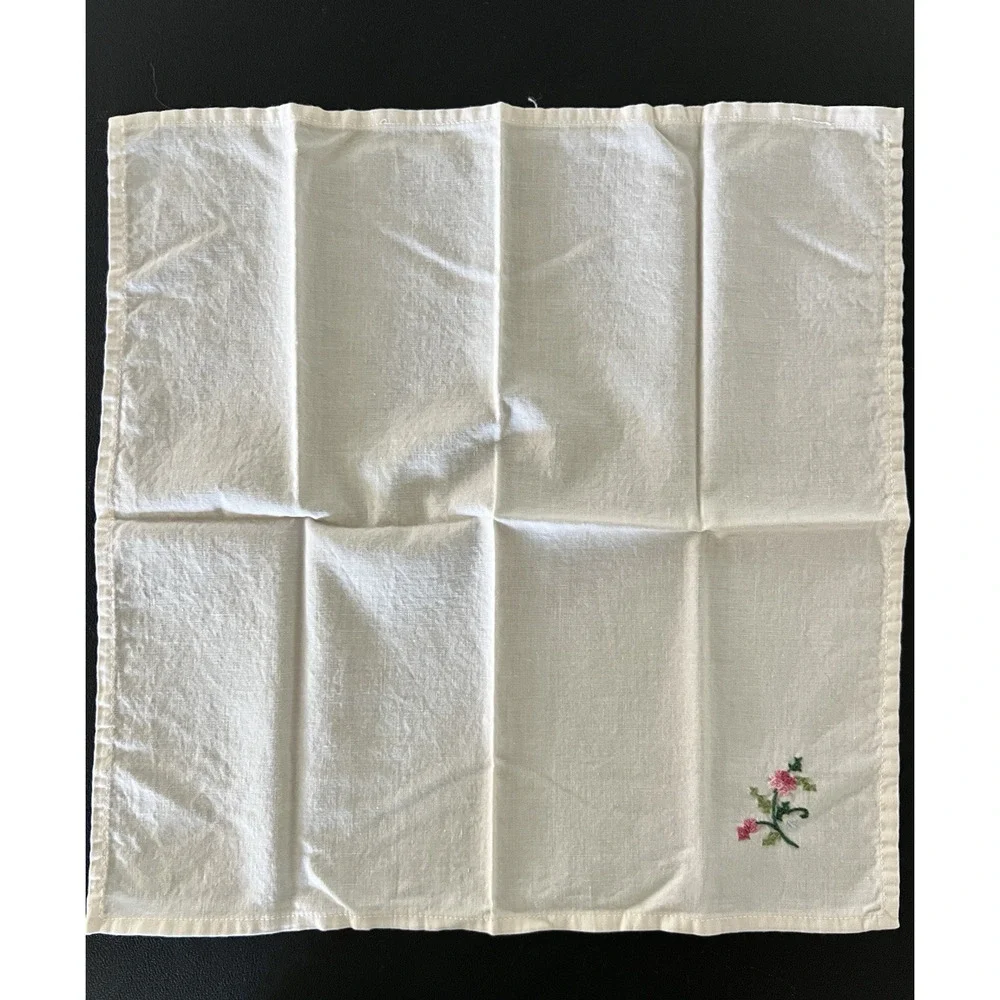 Vintage Set of 8 Cotton TEACLOTH NAPKINS Pink Cross Stitch Flowers On Corners